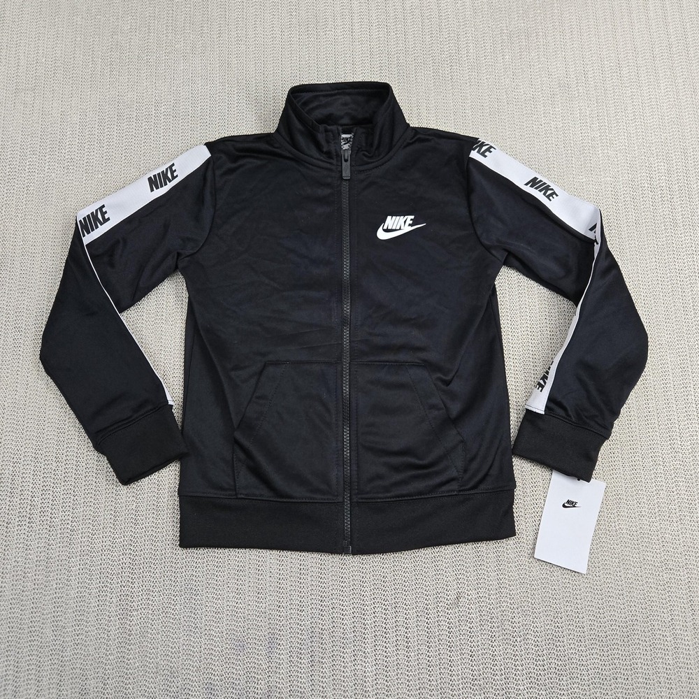 Nike Jacket Boys 7 Large Black White Track Full Zip Swoosh Logo Tape Trim New